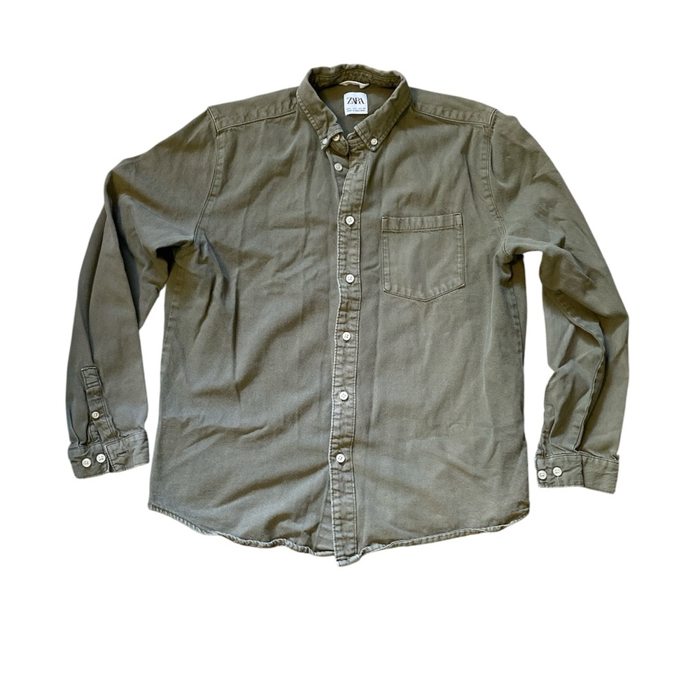 Zara Olive Green Cotton Casual Button Down Long Sleeve Shirt | Large